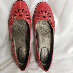Hush Puppies Women's 6.5 M Red Leather Comfort Flats Ballet Buckle Cut Outs